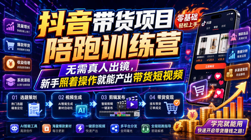 抖音带货项目陪跑训练营,无需真人出镜,新手照着操作就能产出带货短视频