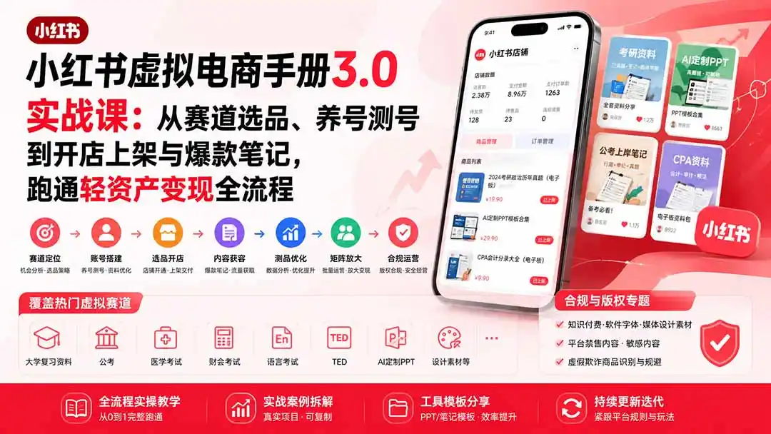 小红书虚拟电商手册3.0实战课：从赛道选品、养号测号到开店上架与爆款笔记，跑通轻资产变现全流程-小创项目网