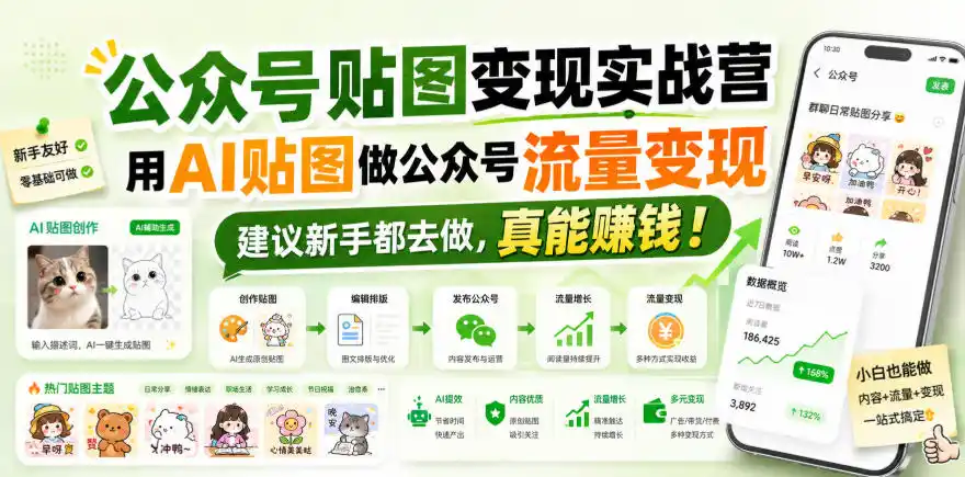 公众号贴图变现实战营,用AI贴图做公众号流量变现,建议新手都去做,真能賺钱!