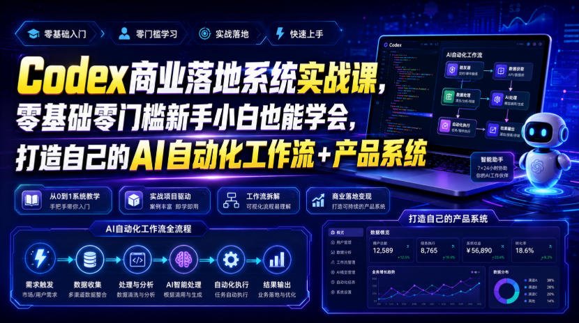 Codex商业落地系统实战课,零基础零门槛新手小白也能学会,打造自己的AI自动化工作流+产品系统