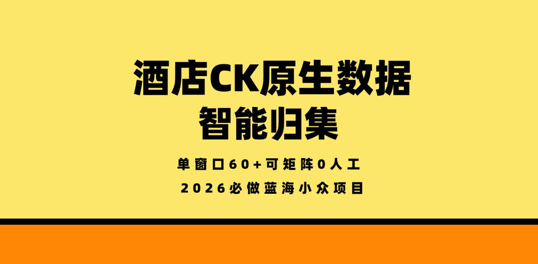 酒店CK原生数据智能归集，单窗口60+可矩阵0人工，2026必做蓝海小众项目【揭秘】-小创项目网