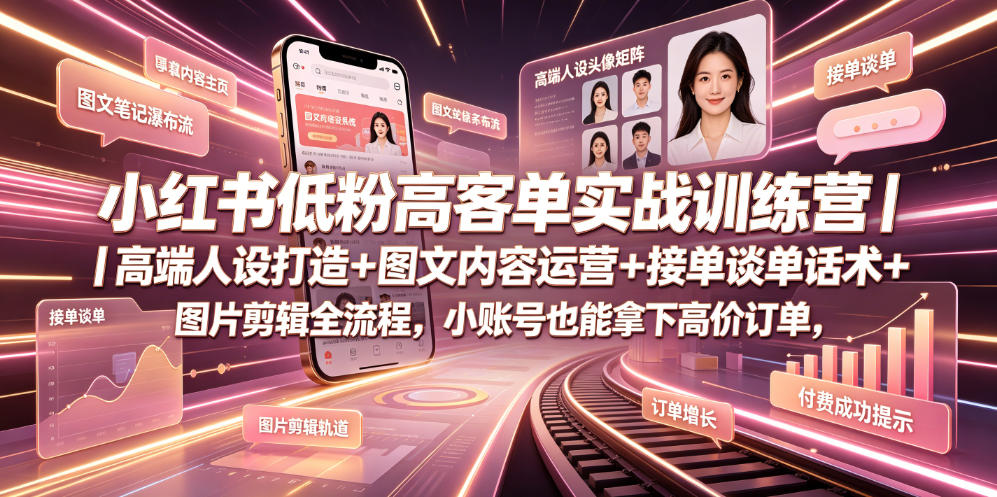 小红书低粉高客单实战训练营｜高端人设打造+图文内容运营+接单谈单话术+图片剪辑全流程，小账号也能拿下高价订单-小创项目网