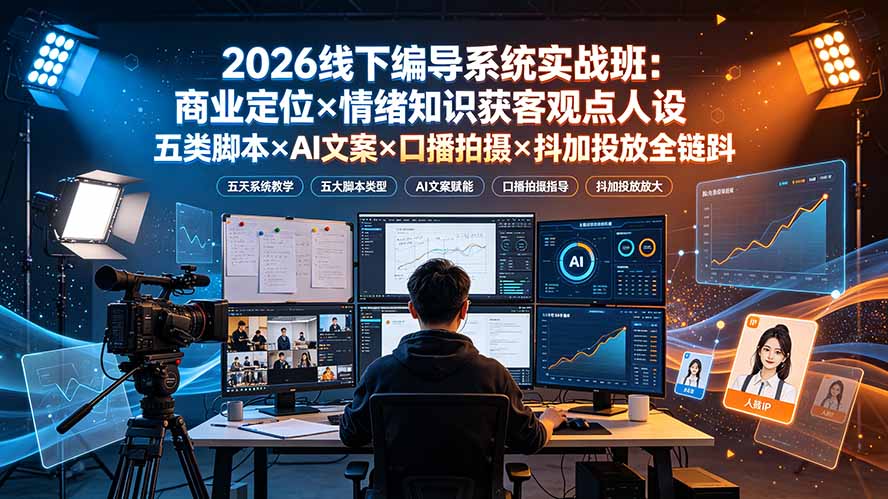 2026线下编导系统实战班:商业定位×情绪知识获客观点人设五类脚本×AI文案×口播拍摄×抖加投放全链路-小创项目网