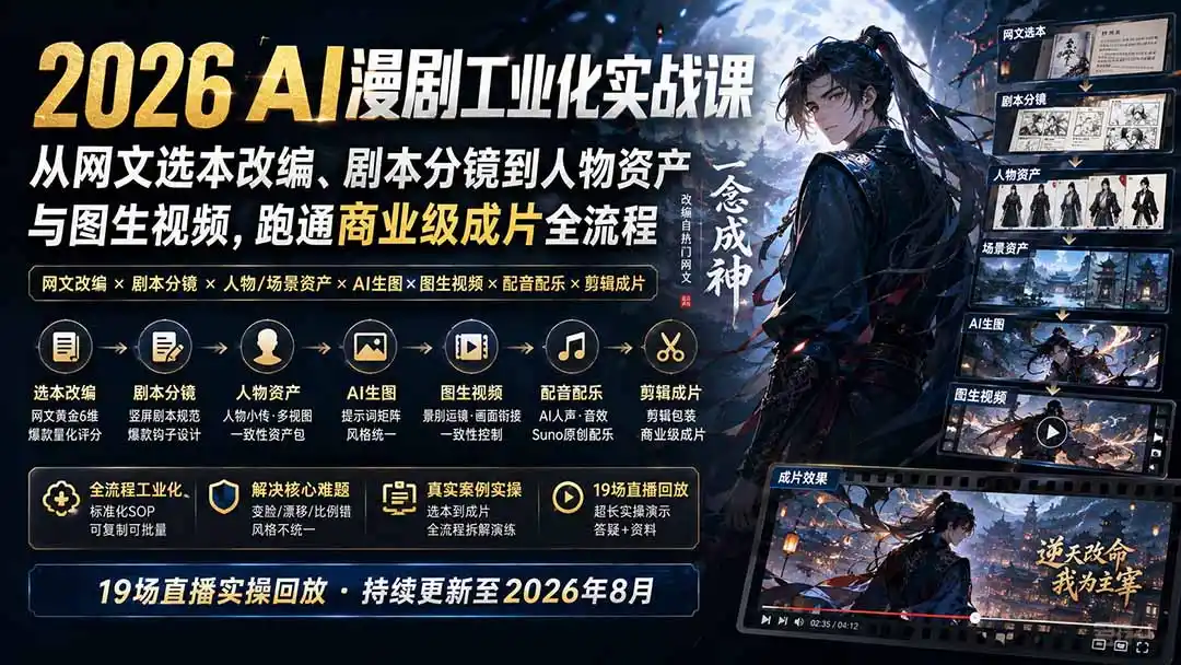 2026 AI漫剧工业化实战课-更新：从网文选本改编、剧本分镜到人物资产与图生视频，跑通商业级成片全流程-小创项目网