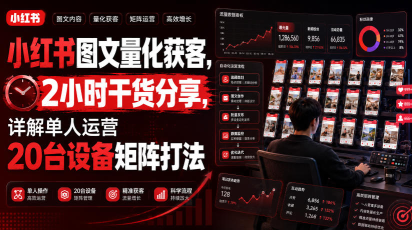 小红书图文量化获客,2小时干货分享,详解单人运营20台设备矩阵打法