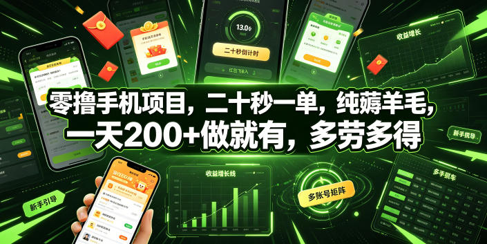 零撸手机项目，二十秒一单，纯薅羊毛，一天200+做就有，多劳多得【揭秘】-小创项目网