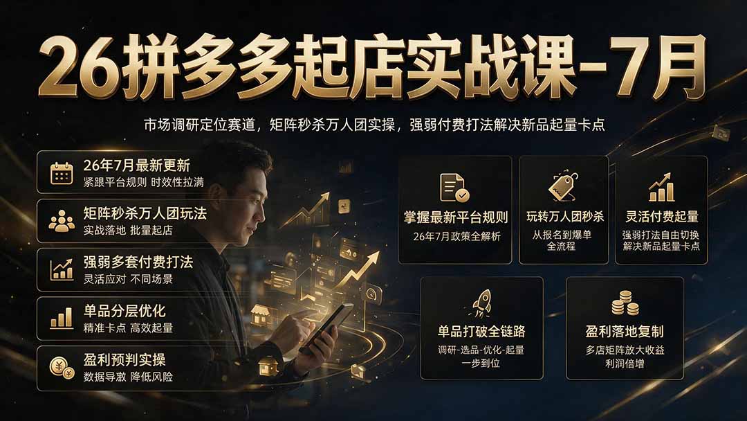 26拼多多起店实战课-7月|市场调研定位赛道,矩阵秒杀万人团实操,强弱付费打法解决新品起量卡点-小创项目网