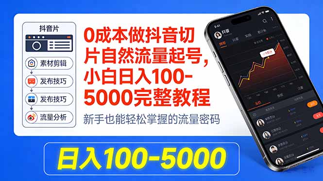 0成本做抖音切片自然流量起号，小白日入100-5000完整教程-小创项目网