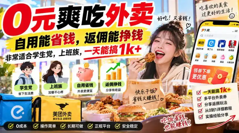 0元爽吃外卖，自用能省钱，返佣能挣钱，非常适合学生党，上班族，一天能搞1k+-小创项目网