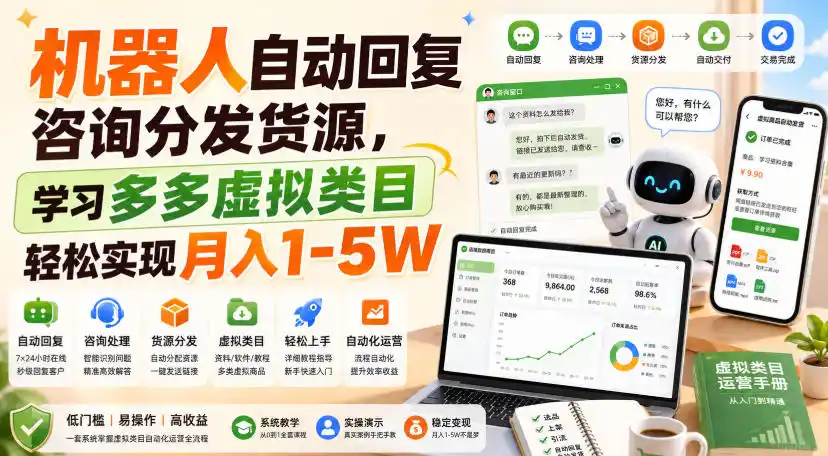 机器人自动回复咨询分发货源，学习多多虚拟类目轻松实现月入1-5W【揭秘】-小创项目网