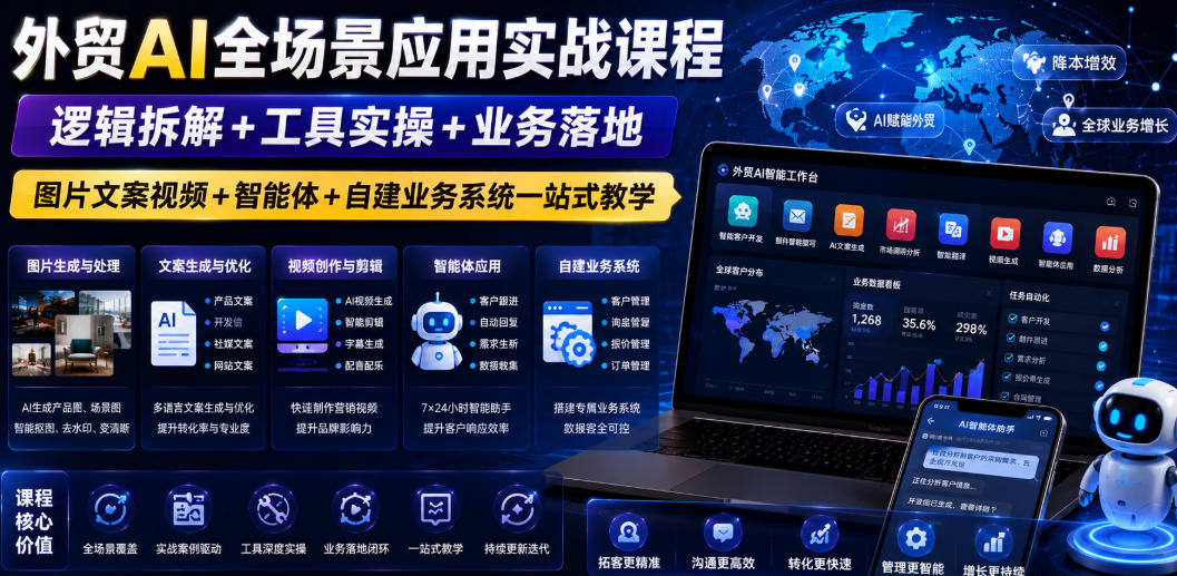 外贸AI全场景应用实战课程｜逻辑拆解+工具实操+业务落地，图片文案视频+智能体+自建业务系统一站式教学-小创项目网
