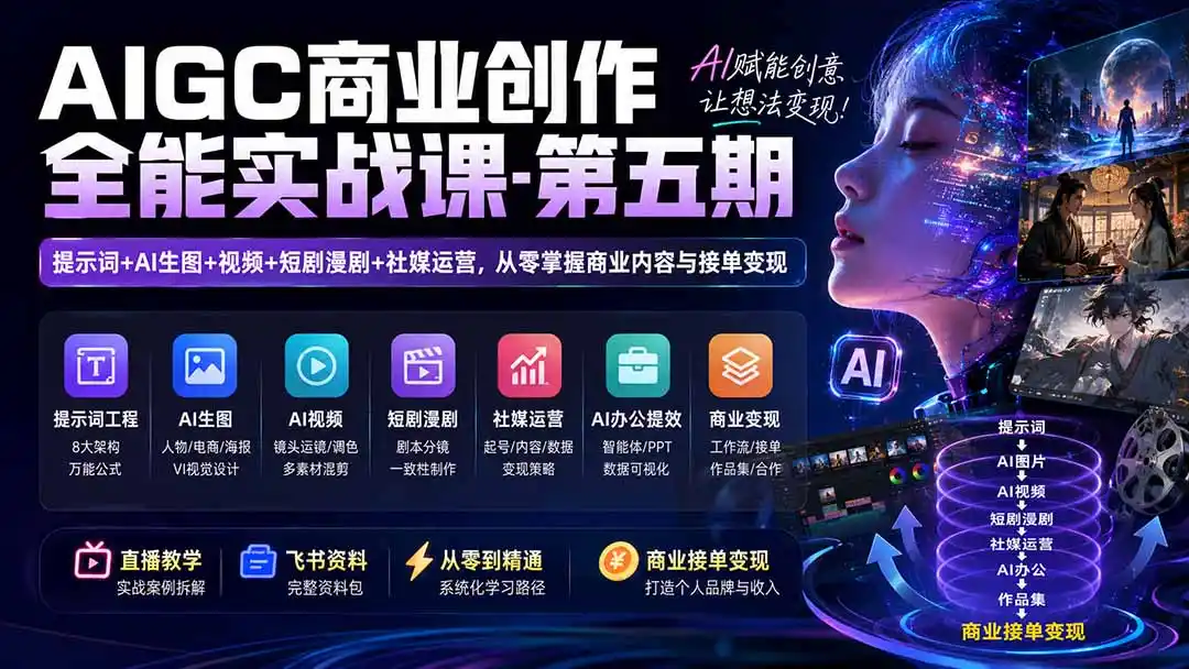 AIGC商业创作全能实战课-第五期：提示词+AI生图+视频+短剧漫剧+社媒运营，从零掌握商业内容与接单变现-小创项目网
