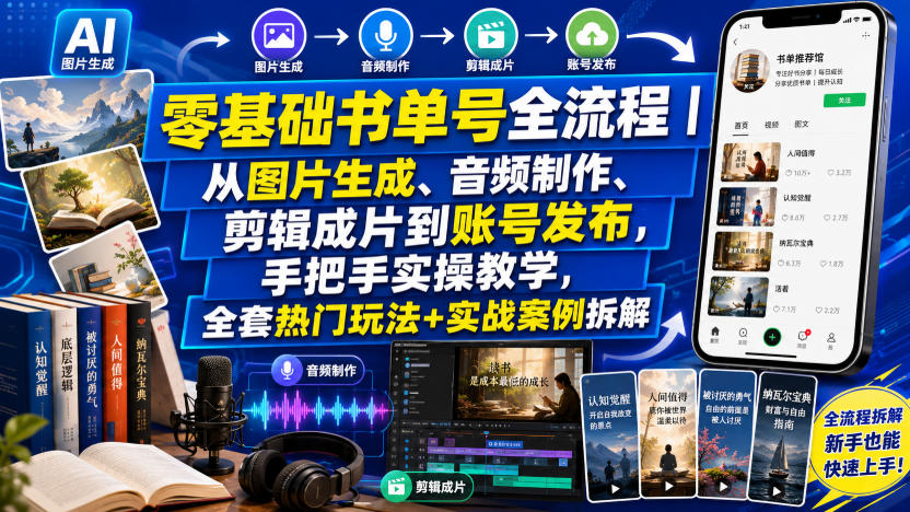 零基础书单号全流程｜从图片生成、音频制作、剪辑成片到账号发布，手把手实操教学，全套热门玩法+实战案例拆解-小创项目网