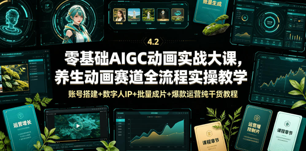 零基础AIGC动画实战大课，养生动画赛道全流程实操教学，账号搭建+数字人IP+批量成片+爆款运营纯干货教程-小创项目网