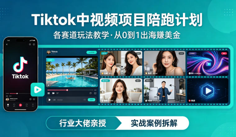 某大佬的Tiktok中视频项目陪跑，涵盖TK各个赛道玩法教学，从0到1出海賺美金-小创项目网