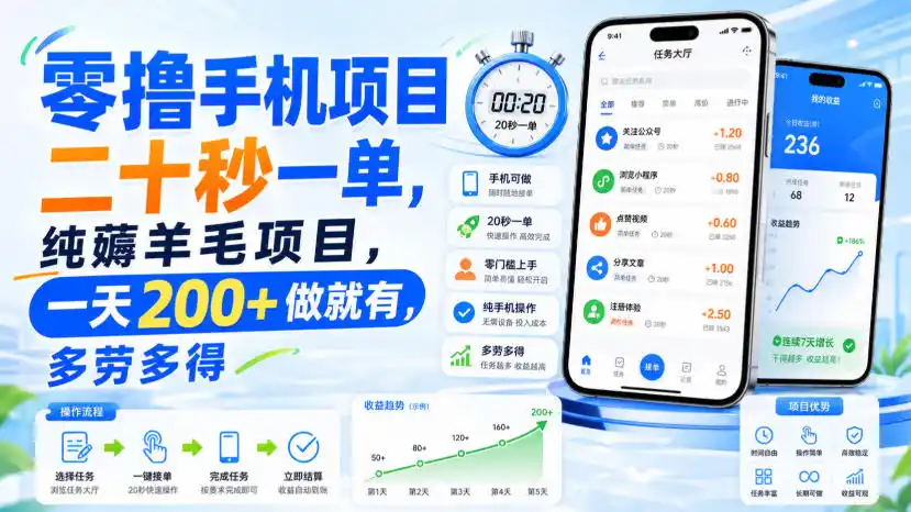 零撸手机项目，二十秒一单，纯薅羊毛项目，一天200+做就有，多劳多得【揭秘】-小创项目网