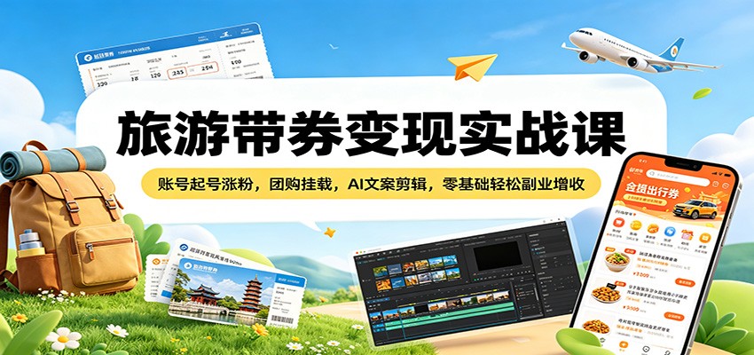 旅游带券变现实战课：账号起号涨粉，团购挂载，AI文案剪辑，零基础轻松副业增收-小创项目网