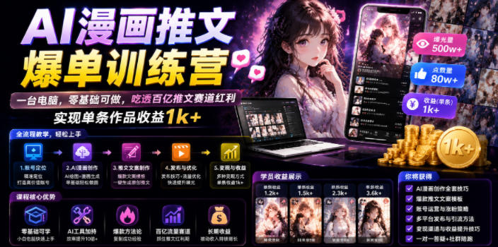 AI漫画推文爆单训练营，一台电脑，零基础可做，吃透百亿推文赛道红利，实现单条作品收益1k+-小创项目网