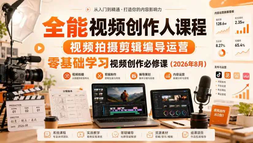 全能视频创作人课程，视频拍摄剪辑编导运营，零基础学习视频创作必修课(2026年8月)-小创项目网