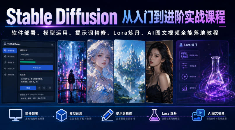 Stable Diffusion从入门到进阶实战课程｜软件部署、模型运用、提示词精修、Lora炼丹、AI图文视频全能落地教程-小创项目网