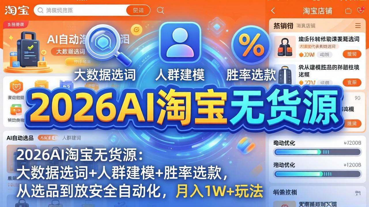 2026AI淘宝无货源-4月更新：大数据选词+人群建模+胜率选款，从选品到放大全自动化，月入1W+玩法-小创项目网