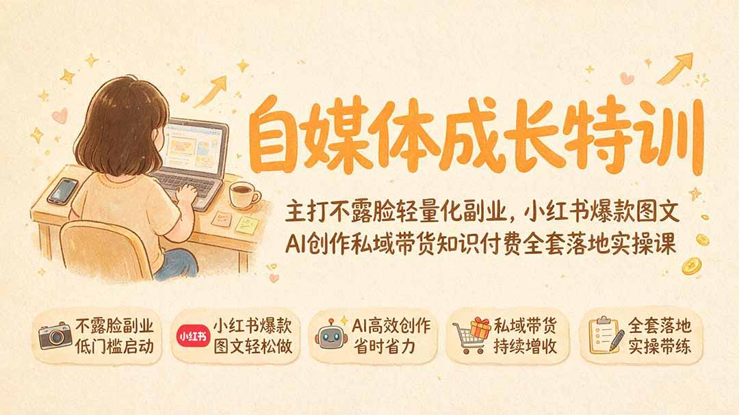 自媒体成长特训|主打不露脸轻量化副业,小红书爆款图文AI创作私域带货知识付费全套落地实操课-小创项目网
