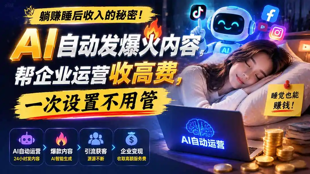 躺赚睡后收入的秘密！AI 自动发爆火内容，帮企业运营收高费，一次设置不用管【原创双语字幕】-小创项目网