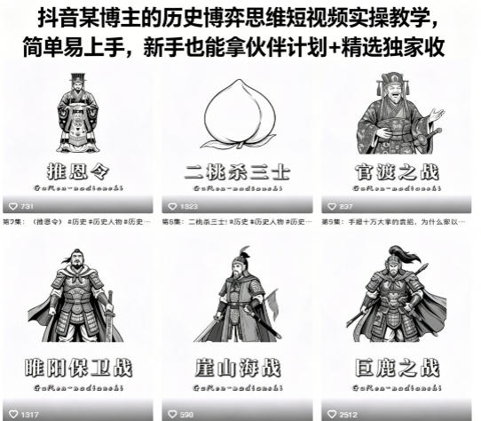 抖音某博主的历史博弈思维短视频实操教学，简单易上手，新手也能拿伙伴计划+精选独家收益-小创项目网