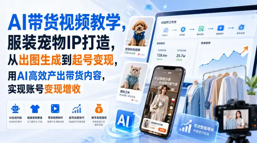 AI带货视频教学，服装宠物IP打造，从出图生成到起号变现，用AI高效产出带货内容，实现账号变现增收-小创项目网