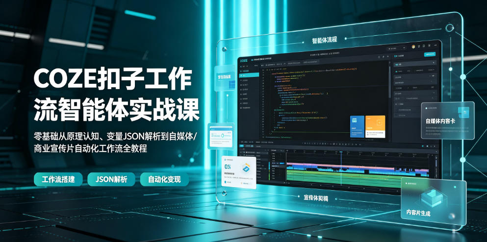 COZE扣子工作流智能体实战课｜零基础从原理认知、变量JSON解析到自媒体/商业宣传片自动化工作流全教程-小创项目网
