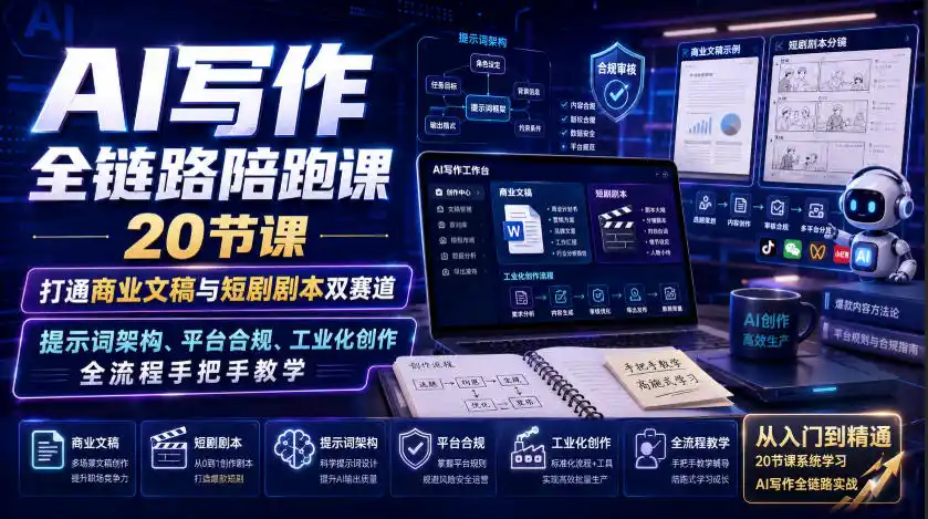 AI写作全链路陪跑课｜20节课打通商业文稿与短剧剧本双赛道，提示词架构、平台合规、工业化创作全流程手把手教学-小创项目网