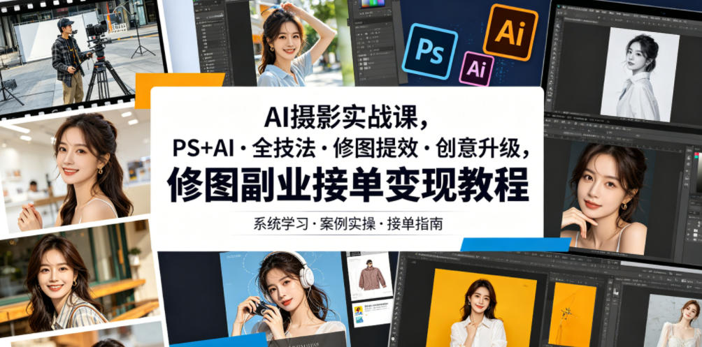 AI摄影实战课，PS+AI・全技法・修图提效・创意升级，修图副业接单变现教程-小创项目网
