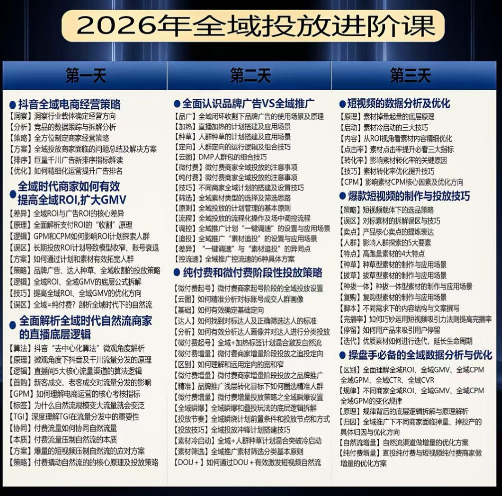 千川扫地僧2026抖音全域投放进阶课，少走弯路·快速起量·掌控增长，6月12-14号杭州线下课(更新)-小创项目网