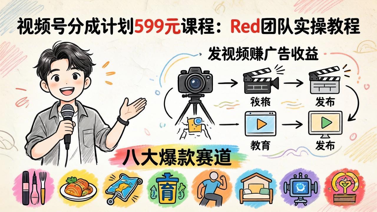 视频号分成计划599元课程：Red团队实操教程，发视频赚广告收益，八大爆款赛道全掌握-小创项目网