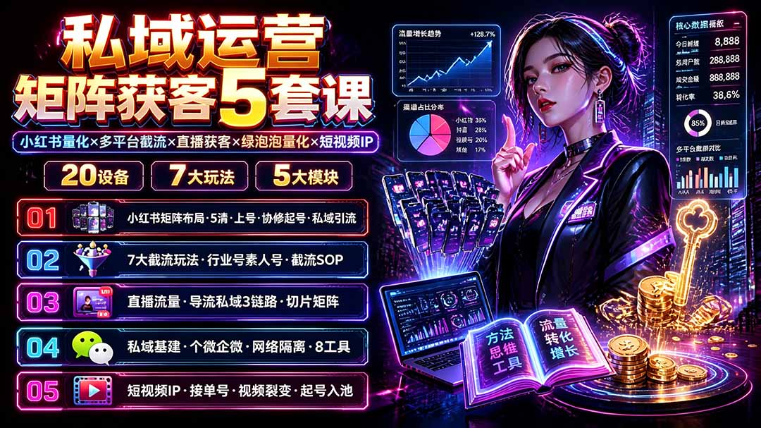 私域运营矩阵获客5套课:小红书量化×多平台截流×直播获客×绿泡泡量化×短视频IP×20设备×7大玩法-小创项目网