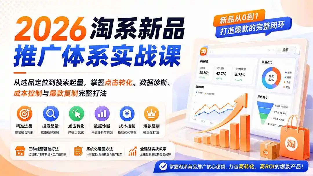 2026淘系新品推广体系实战课：从选品定位到搜索起量，掌握点击转化、数据诊断、成本控制与爆款复制完整打法-小创项目网