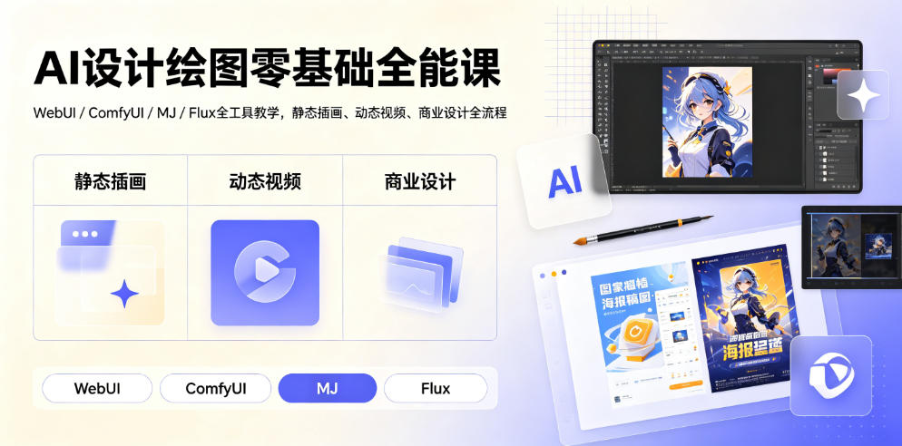 AI设计绘图零基础全能课｜WebUI/ComfyUI/MJ/Flux全工具教学，静态插画、动态视频、商业设计全流程-小创项目网