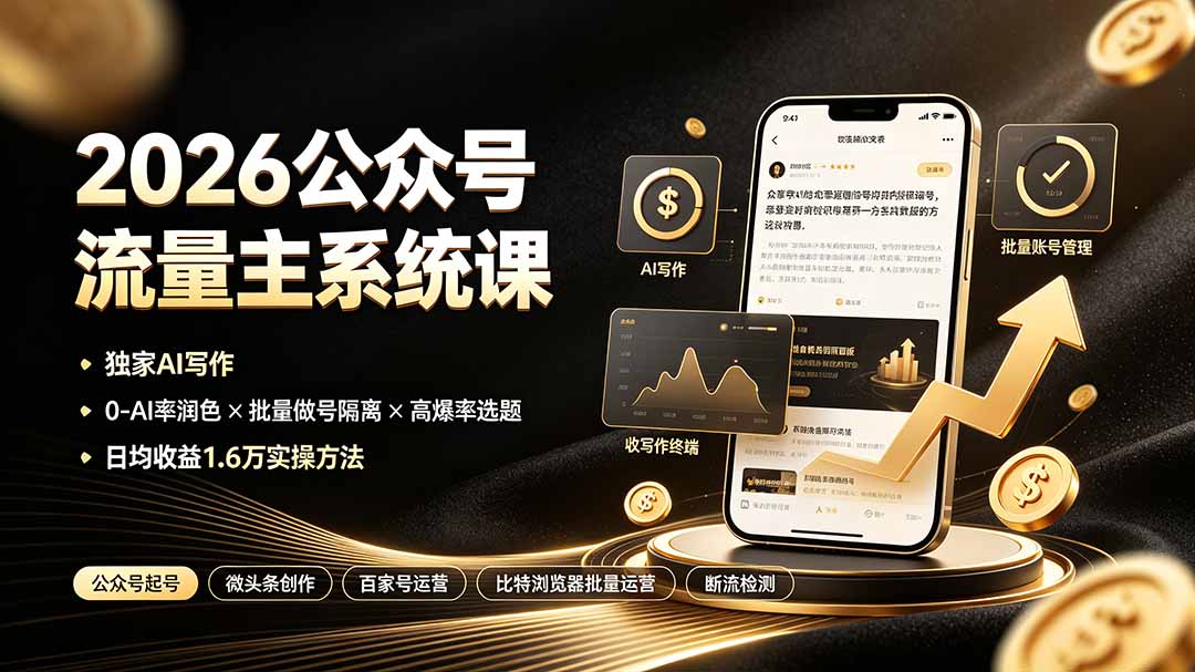 2026公众号流量主系统课：独家AI写作×0-AI率润色×批量做号隔离×高爆率选题，日均收益1.6万实操方法-小创项目网