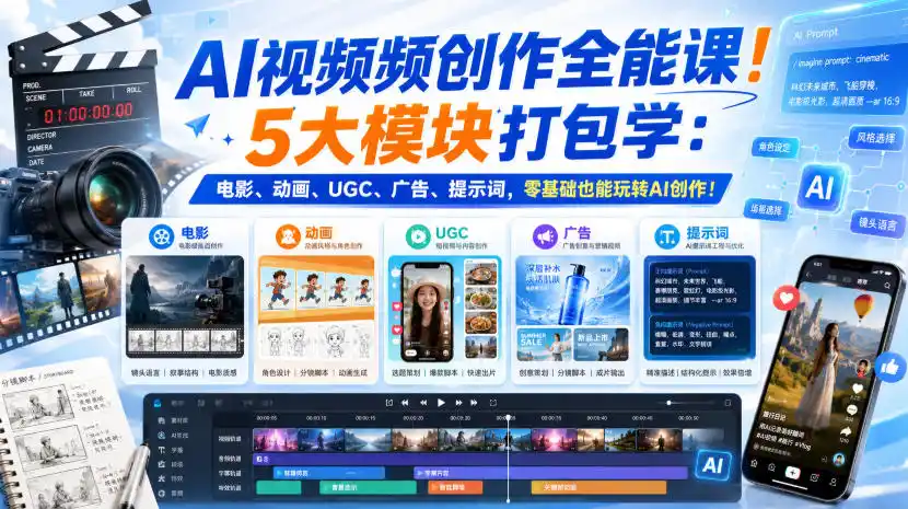 AI视频频创作全能课！5大模块打包学：电影、动画、UGC、广告、提示词，零基础也能玩转AI创作！【原创双语字幕】-小创项目网