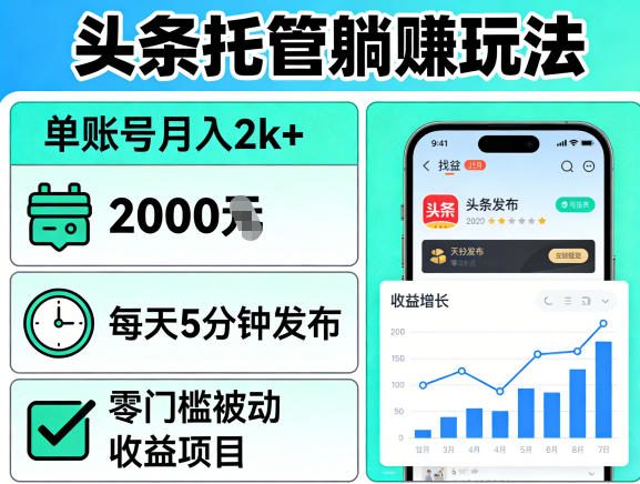 头条托管躺賺玩法，单账号月入2k+，每天5分钟发布即可，零门槛被动收益项目【揭秘】-小创项目网