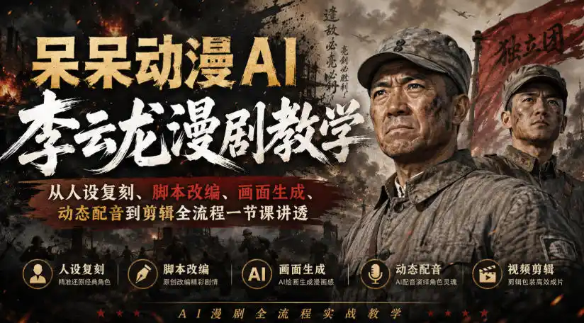 呆呆动漫AI李云龙漫剧教学，从人设复刻、脚本改编、画面生成、动态配音到剪辑全流程一节课讲透-小创项目网