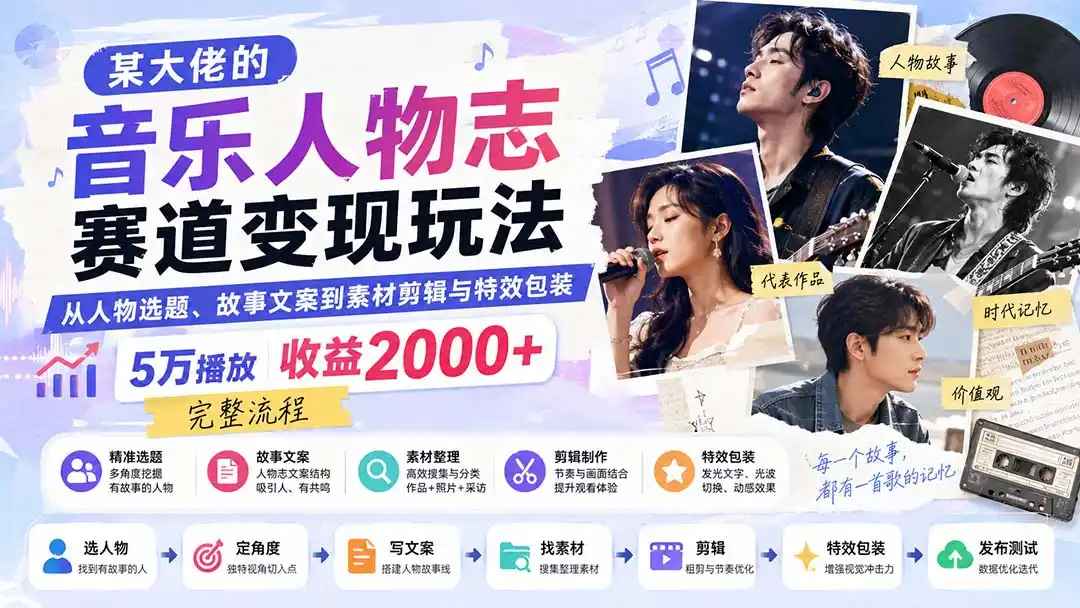 某大佬的音乐人物志赛道变现玩法：从人物选题、故事文案到素材剪辑与特效包装，5万播放收益2000+完整流程-小创项目网