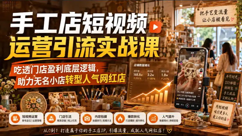手工店短视频运营引流实战课，吃透门店盈利底层逻辑，助力无名小店转型人气网红店-小创项目网