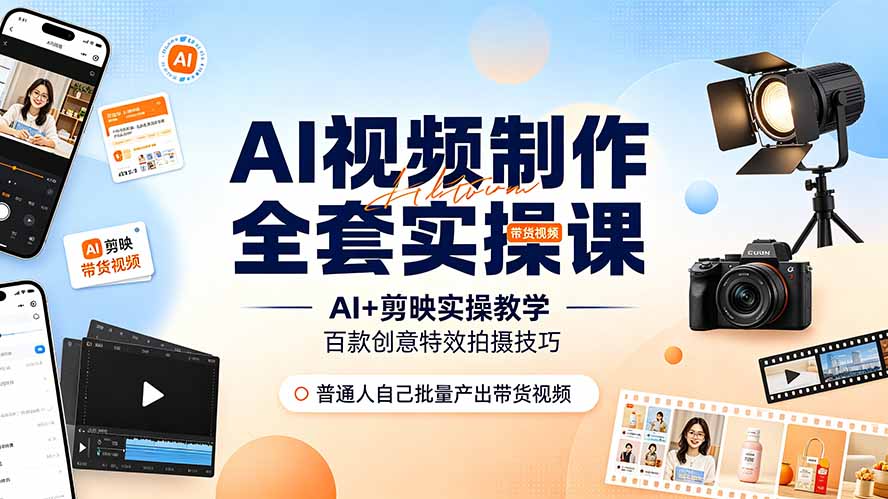 AI视频制作全套实操课，多款AI工具搭配剪映教学，百种特效运镜拍摄实操，抖音账号带货运营全覆盖-小创项目网