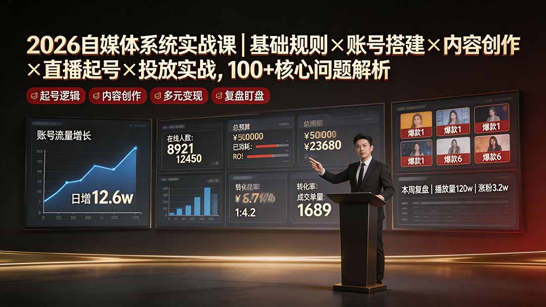2026自媒体系统实战课｜基础规则×账号搭建×内容创作×直播起号×投放实战，100+核心问题解析-小创项目网