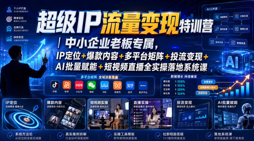 超级IP流量变现特训营|中小企业老板专属,IP定位+爆款内容+多平台矩阵+投流变现+AI批量赋能+短视频直播全实操落地系统课