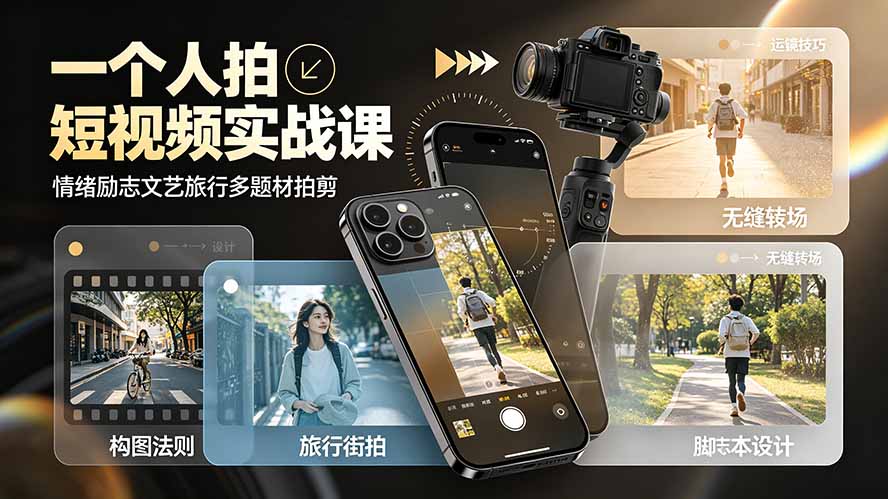 一个人拍短视频实战课：情绪励志文艺旅行多题材×五大景别×黄金构图×八大运镜，从拍摄到成片高效创作-小创项目网