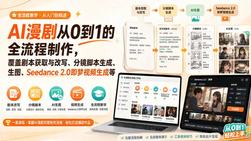 AI漫剧从0到1的全流程制作，覆盖剧本获取与改写、分镜脚本生成、角色场景生图与三视图、Seedance 2.0即梦视频生成(PDF版)-小创项目网