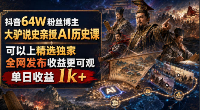 抖音64W粉丝博主大驴说史亲授AI历史课,可以上精选独家,全网发布收益更可观,单日收益1k+