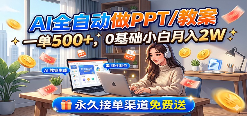 AI全自动做PPT/教案,一单500+,0基础小白月入2W,永久接单渠道免费送-小创项目网